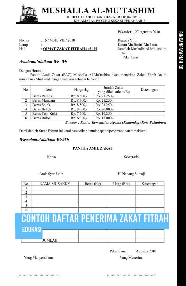 Contoh Daftar Penerima Zakat Fitrah